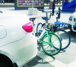 两辆共享单车被停放在机动车停车位上。 石天蛟 摄 - 新浪吉林